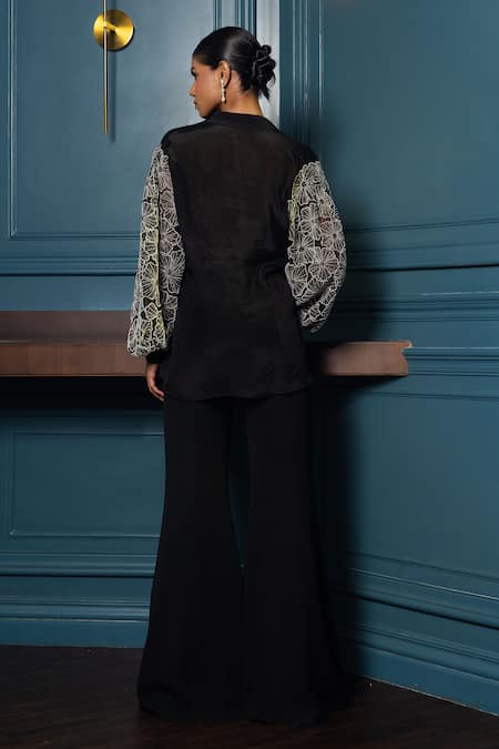 Charu And Vasundhara Verena Floral Placement Embroidered Shirt With Flared Pant 