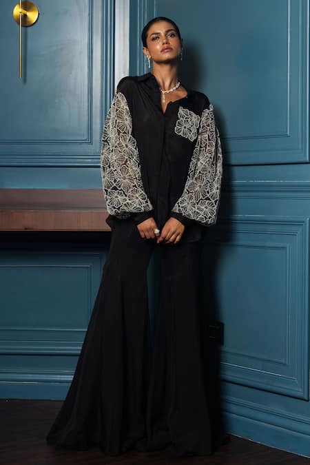 Charu And Vasundhara_Black Chiffon, Georgette Pearls, Verena Floral Placement Shirt With Flared Pant _Online_at_Aza_Fashions