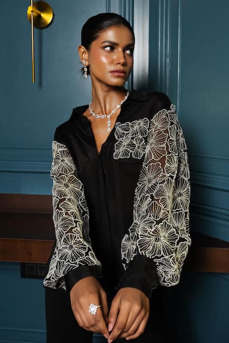 Shop_Charu And Vasundhara_Black Chiffon, Georgette Pearls, Verena Floral Placement Shirt With Flared Pant _Online_at_Aza_Fashions