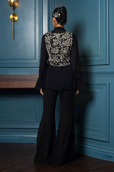 Charu And Vasundhara Vanity Bead Embellished Floral Vest Flared Pant Set 