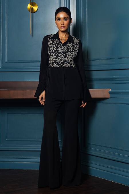 Charu And Vasundhara Black Chiffon, Georgette Beads, Vanity Embellished Floral Vest Flared Pant Set Online at Aza Fashions Charu And Vasundhara_Black Chiffon, Georgette Beads, Vanity Embellished Floral Vest Flared Pant Set _Online_at_Aza_Fashions