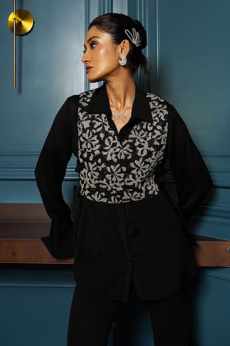 Shop Charu And Vasundhara Black Chiffon, Georgette Beads, Vanity Embellished Floral Vest Flared Pant Set Online at Aza Fashions Shop_Charu And Vasundhara_Black Chiffon, Georgette Beads, Vanity Embellished Floral Vest Flared Pant Set _Online_at_Aza_Fashions