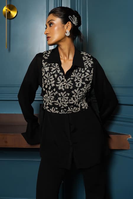 Buy_Charu And Vasundhara_Black Chiffon Beads, Crystals Vanity Embellished Floral Vest With Shirt _Online_at_Aza_Fashions