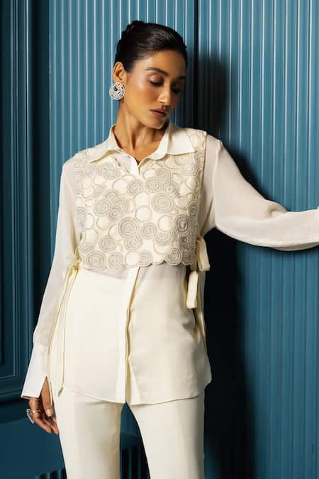 Buy_Charu And Vasundhara_Ivory Satin, Chiffon, Georgette Beads, Vayla Embellished Vest Pant Set _Online_at_Aza_Fashions
