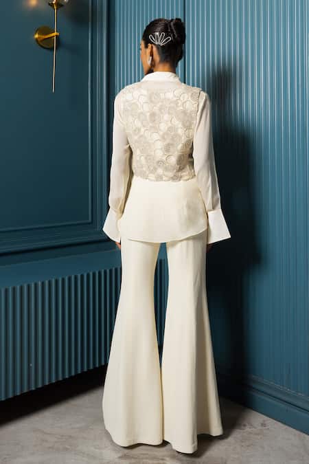 Shop_Charu And Vasundhara_Ivory Satin Pearls, Beads, Crystals Collared, Vayla Embellished Vest With Shirt _at_Aza_Fashions