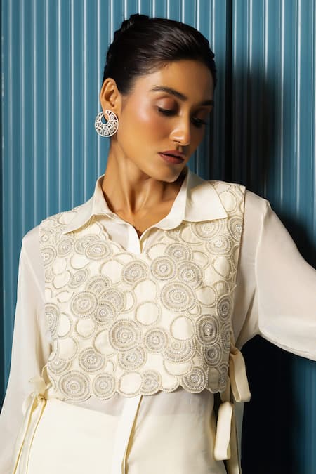 Buy_Charu And Vasundhara_Ivory Satin Pearls, Beads, Crystals Collared, Vayla Embellished Vest With Shirt _Online_at_Aza_Fashions