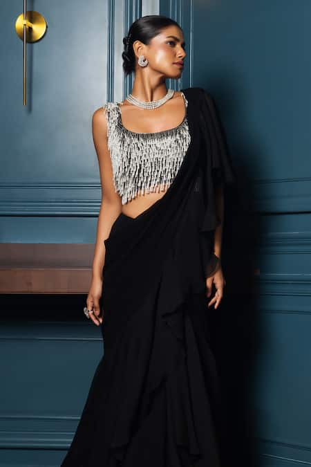 Charu And Vasundhara_Black Silk, Chiffon Pearls, Beads, Crystals Pre-draped Ruffle Saree And Blouse _Online_at_Aza_Fashions