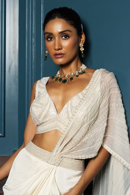 Buy_Charu And Vasundhara_Ivory Silk, Valentina Embellished Pallu Pre-draped Skirt Saree With Blouse _Online_at_Aza_Fashions
