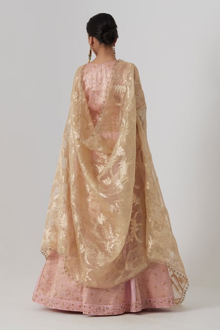 Shop Rhua Pink Brocade, Silk, Organza Embroidery Aachal Gul Aari And Zardozi Lehenga Set at Aza Fashions Shop_Rhua_Pink Brocade, Silk, Organza Embroidery Aachal Gul Aari And Zardozi Lehenga Set _at_Aza_Fashions