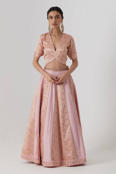 Rhua Pink Brocade, Silk, Organza Embroidery Aachal Gul Aari And Zardozi Lehenga Set Online at Aza Fashions Rhua_Pink Brocade, Silk, Organza Embroidery Aachal Gul Aari And Zardozi Lehenga Set _Online_at_Aza_Fashions