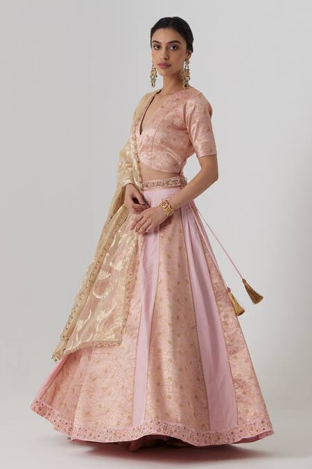 Shop Rhua Pink Brocade, Silk, Organza Embroidery Aachal Gul Aari And Zardozi Lehenga Set Online at Aza Fashions Shop_Rhua_Pink Brocade, Silk, Organza Embroidery Aachal Gul Aari And Zardozi Lehenga Set _Online_at_Aza_Fashions