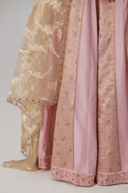 Rhua Pink Brocade, Silk, Organza Embroidery Aachal Gul Aari And Zardozi Lehenga Set at Aza Fashions Rhua_Pink Brocade, Silk, Organza Embroidery Aachal Gul Aari And Zardozi Lehenga Set _at_Aza_Fashions