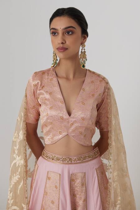 Buy Rhua Pink Brocade, Silk, Organza Embroidery Aachal Gul Aari And Zardozi Lehenga Set Buy_Rhua_Pink Brocade, Silk, Organza Embroidery Aachal Gul Aari And Zardozi Lehenga Set