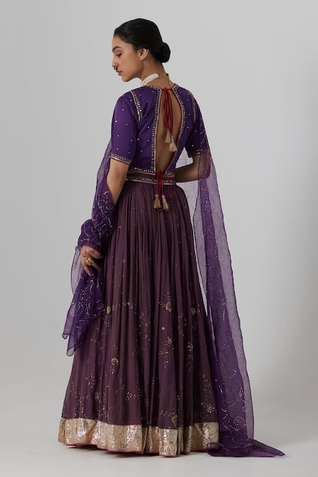 Shop Rhua Purple Silk, Tissue, Chanderi, Muslin Dipta Gullista Aari And Zardozi Lehenga Set at Aza Fashions Shop_Rhua_Purple Silk, Tissue, Chanderi, Muslin Dipta Gullista Aari And Zardozi Lehenga Set _at_Aza_Fashions