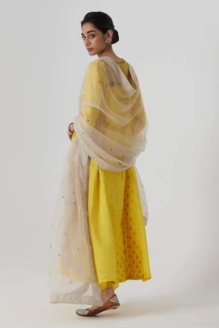 Shop Rhua Yellow Brocade, Silk, Cotton, Muslin Ekani Bullian Leaf Woven Anarkali Set at Aza Fashions Shop_Rhua_Yellow Brocade, Silk, Cotton, Muslin Ekani Bullian Leaf Woven Anarkali Set _at_Aza_Fashions