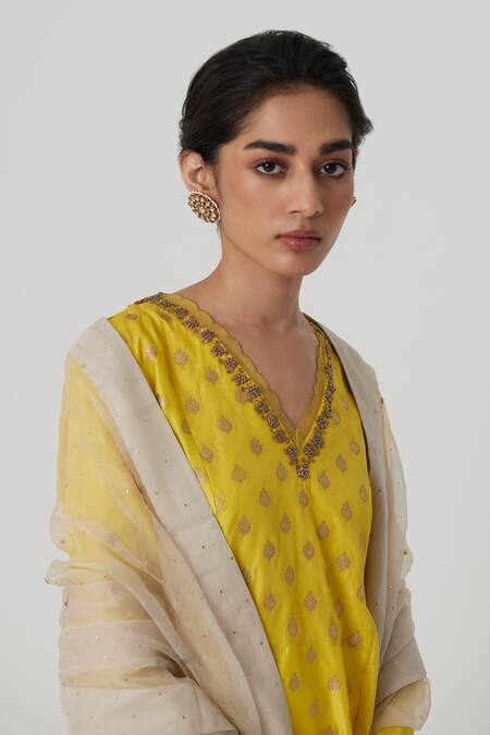 Buy Rhua Yellow Brocade, Silk, Cotton, Muslin Ekani Bullian Leaf Woven Anarkali Set Online at Aza Fashions Buy_Rhua_Yellow Brocade, Silk, Cotton, Muslin Ekani Bullian Leaf Woven Anarkali Set _Online_at_Aza_Fashions
