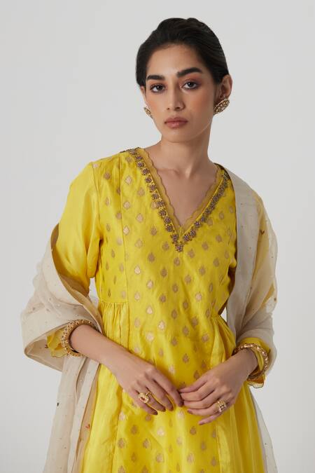 Shop Rhua Yellow Brocade, Silk, Cotton, Muslin Ekani Bullian Leaf Woven Anarkali Set Online at Aza Fashions Shop_Rhua_Yellow Brocade, Silk, Cotton, Muslin Ekani Bullian Leaf Woven Anarkali Set _Online_at_Aza_Fashions