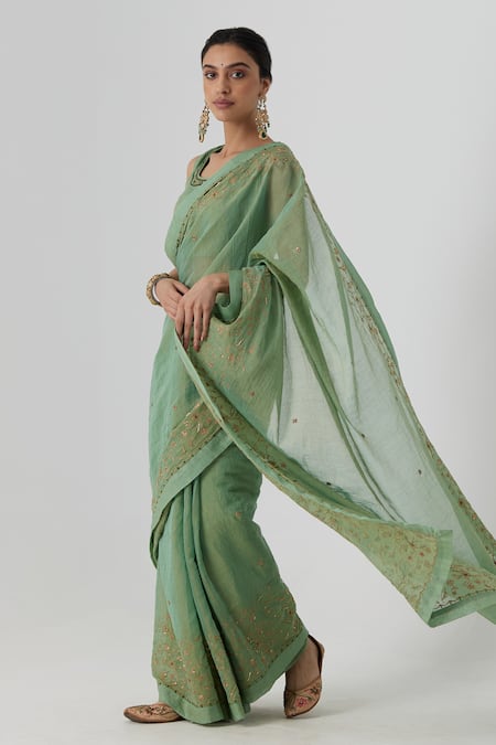 Rhua Green Chanderi, Satin Zari, Embroidery Krisha Gardenia Aari Zardozi Saree Set Online at Aza Fashions Rhua_Green Chanderi, Satin Zari, Embroidery Krisha Gardenia Aari Zardozi Saree Set _Online_at_Aza_Fashions