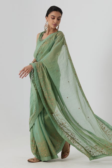 Buy Rhua Green Chanderi, Satin Zari, Embroidery Krisha Gardenia Aari Zardozi Saree Set Online at Aza Fashions Buy_Rhua_Green Chanderi, Satin Zari, Embroidery Krisha Gardenia Aari Zardozi Saree Set _Online_at_Aza_Fashions
