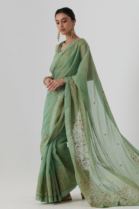 Shop Rhua Green Chanderi, Satin Zari, Embroidery Krisha Gardenia Aari Zardozi Saree Set Online at Aza Fashions Shop_Rhua_Green Chanderi, Satin Zari, Embroidery Krisha Gardenia Aari Zardozi Saree Set _Online_at_Aza_Fashions