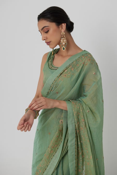 Rhua Green Chanderi, Satin Zari, Embroidery Krisha Gardenia Aari Zardozi Saree Set at Aza Fashions Rhua_Green Chanderi, Satin Zari, Embroidery Krisha Gardenia Aari Zardozi Saree Set _at_Aza_Fashions