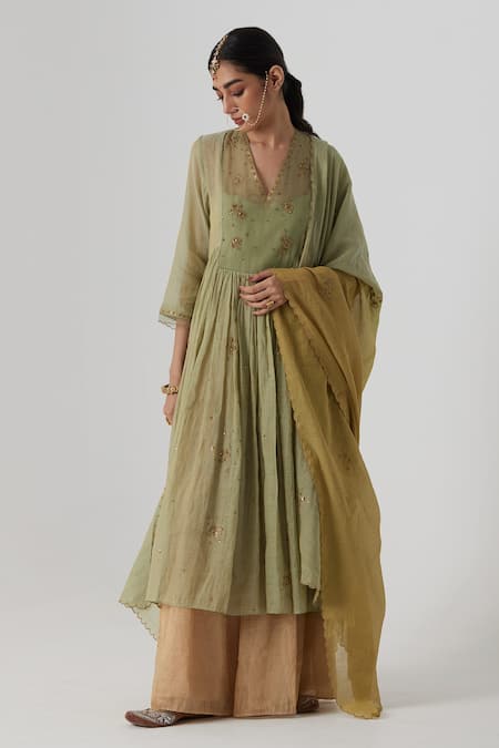 Rhua_Green Tissue, Chanderi, Silk Embroidery, Mihika Blossom Zardozi Anarkali Set _Online_at_Aza_Fashions