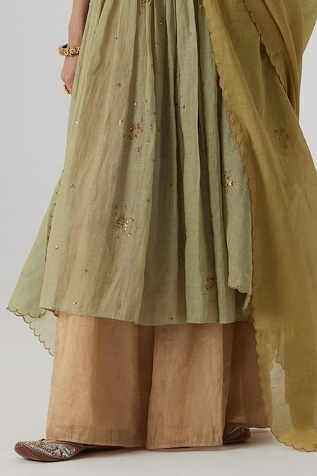 Buy_Rhua_Green Tissue, Chanderi, Silk Embroidery, Mihika Blossom Zardozi Anarkali Set _Online_at_Aza_Fashions