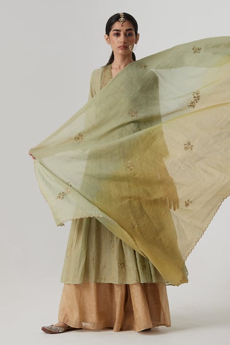 Shop_Rhua_Green Tissue, Chanderi, Silk Embroidery, Mihika Blossom Zardozi Anarkali Set _Online_at_Aza_Fashions