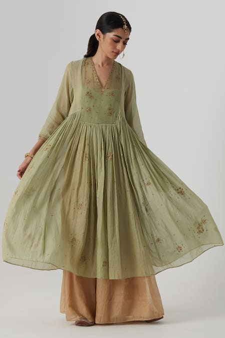 Rhua_Green Tissue, Chanderi, Silk Embroidery, Mihika Blossom Zardozi Anarkali Set _at_Aza_Fashions