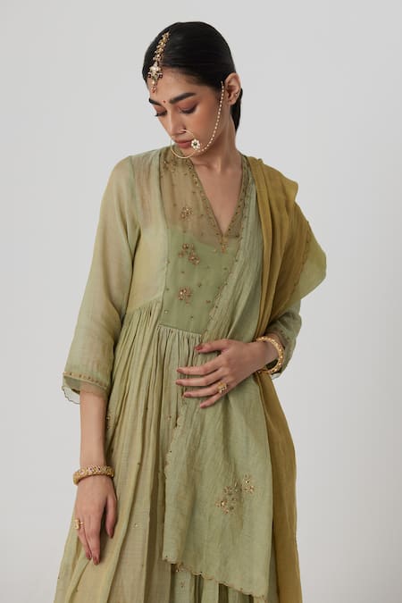 Buy_Rhua_Green Tissue, Chanderi, Silk Embroidery, Mihika Blossom Zardozi Anarkali Set 
