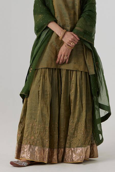 Rhua_Green Silk, Organza, Muslin Nirja Mughal Aari Zardozi Kurta Sharara Set _Online_at_Aza_Fashions