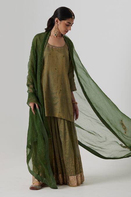 Buy_Rhua_Green Silk, Organza, Muslin Nirja Mughal Aari Zardozi Kurta Sharara Set _Online_at_Aza_Fashions