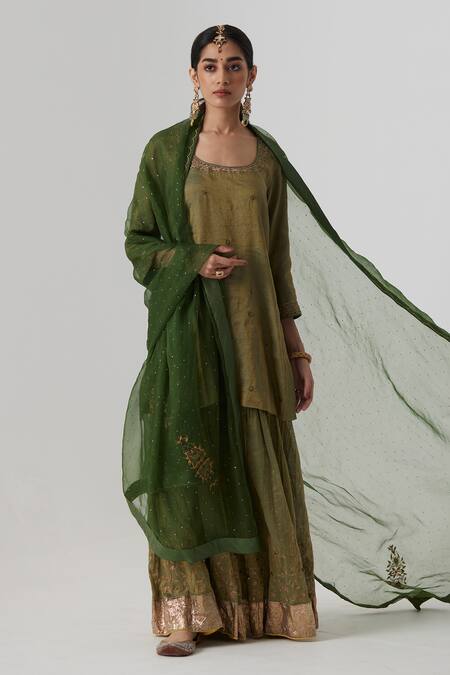 Shop_Rhua_Green Silk, Organza, Muslin Nirja Mughal Aari Zardozi Kurta Sharara Set _Online_at_Aza_Fashions