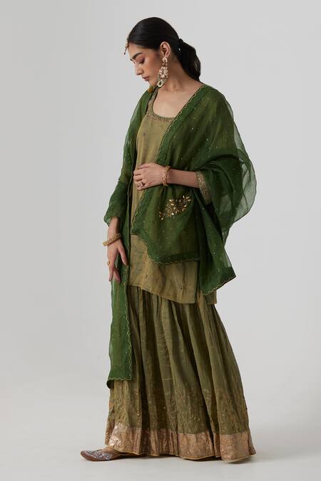 Rhua_Green Silk, Organza, Muslin Nirja Mughal Aari Zardozi Kurta Sharara Set _at_Aza_Fashions
