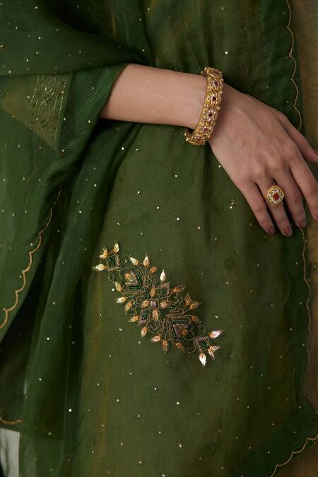 Buy_Rhua_Green Silk, Organza, Muslin Nirja Mughal Aari Zardozi Kurta Sharara Set 