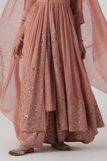 Rhua_Peach Tissue, Chanderi, Cotton, Silk, Muslin Shriya Bloom Meadow Anarkali Set _Online_at_Aza_Fashions