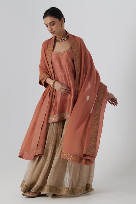 Rhua_Peach Silk, Brocade, Chanderi Embroidery Tanira Floret Garden Kurta Sharara Set _Online_at_Aza_Fashions