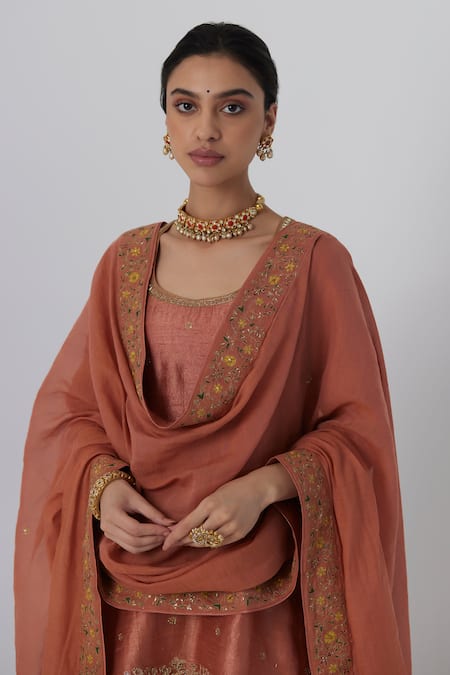 Buy_Rhua_Peach Silk, Brocade, Chanderi Embroidery Tanira Floret Garden Kurta Sharara Set _Online_at_Aza_Fashions