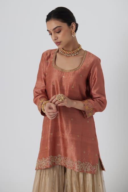 Shop_Rhua_Peach Silk, Brocade, Chanderi Embroidery Tanira Floret Garden Kurta Sharara Set _Online_at_Aza_Fashions