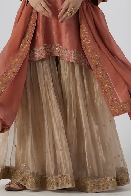Rhua_Peach Silk, Brocade, Chanderi Embroidery Tanira Floret Garden Kurta Sharara Set _at_Aza_Fashions