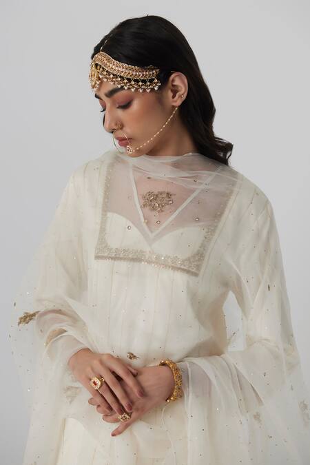 Rhua White Silk, Cotton, Muslin Embroidery, Mirrors Vriti Stripe Woven Kurta Pant Set Online at Aza Fashions Rhua_White Silk, Cotton, Muslin Embroidery, Mirrors Vriti Stripe Woven Kurta Pant Set _Online_at_Aza_Fashions