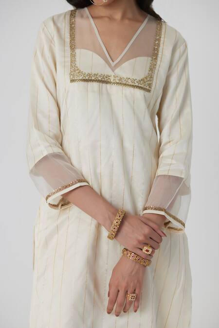 Shop Rhua White Silk, Cotton, Muslin Embroidery, Mirrors Vriti Stripe Woven Kurta Pant Set Online at Aza Fashions Shop_Rhua_White Silk, Cotton, Muslin Embroidery, Mirrors Vriti Stripe Woven Kurta Pant Set _Online_at_Aza_Fashions