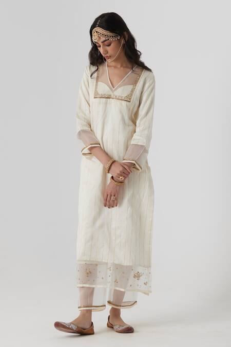 Rhua White Silk, Cotton, Muslin Embroidery, Mirrors Vriti Stripe Woven Kurta Pant Set at Aza Fashions Rhua_White Silk, Cotton, Muslin Embroidery, Mirrors Vriti Stripe Woven Kurta Pant Set _at_Aza_Fashions