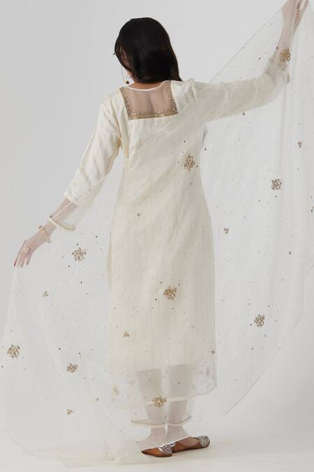 Buy Rhua White Silk, Cotton, Muslin Embroidery, Mirrors Vriti Stripe Woven Kurta Pant Set Buy_Rhua_White Silk, Cotton, Muslin Embroidery, Mirrors Vriti Stripe Woven Kurta Pant Set