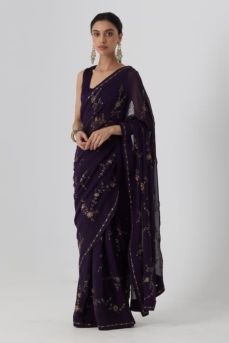 Rhua_Purple Satin, Silk, Chiffon Zari, Yutika Botanic Garden Zardozi Saree Set _Online_at_Aza_Fashions