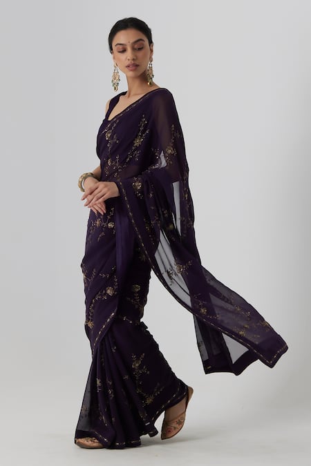 Buy_Rhua_Purple Satin, Silk, Chiffon Zari, Yutika Botanic Garden Zardozi Saree Set _Online_at_Aza_Fashions