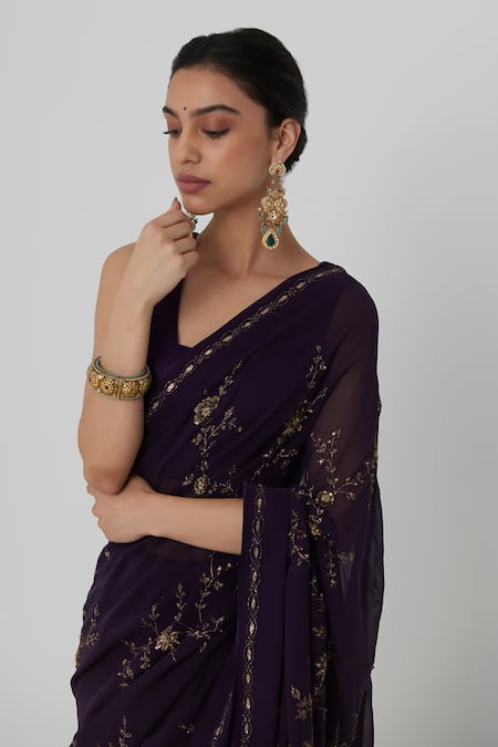 Shop_Rhua_Purple Satin, Silk, Chiffon Zari, Yutika Botanic Garden Zardozi Saree Set _Online_at_Aza_Fashions
