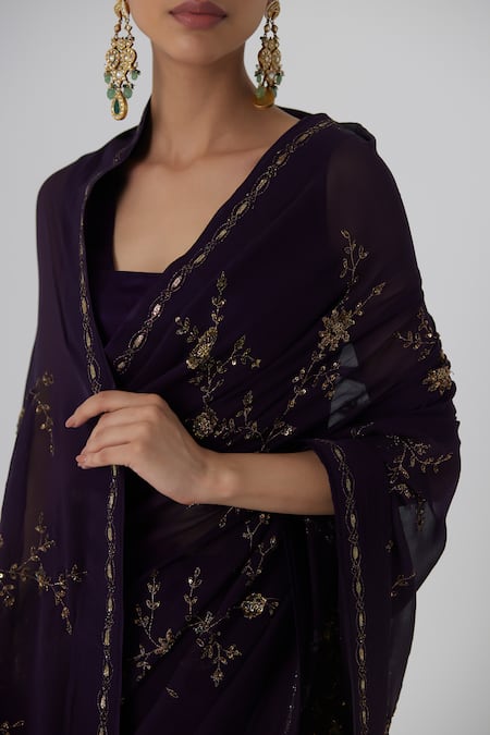 Rhua_Purple Satin, Silk, Chiffon Zari, Yutika Botanic Garden Zardozi Saree Set _at_Aza_Fashions