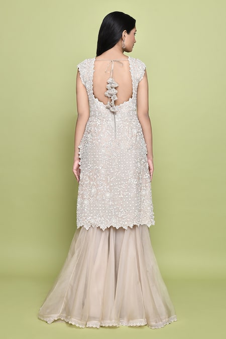 Shop Anushree Reddy Beige Cotton, Georgette, Chiffon Beads, Embroidery Floral Kurta Gharara Set at Aza Fashions Shop_Anushree Reddy_Beige Cotton, Georgette, Chiffon Beads, Embroidery Floral Kurta Gharara Set _at_Aza_Fashions