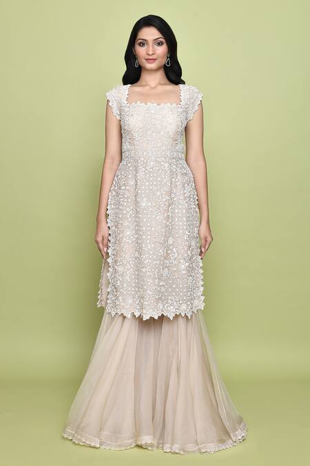 Anushree Reddy Beige Cotton, Georgette, Chiffon Beads, Embroidery Floral Kurta Gharara Set Online at Aza Fashions Anushree Reddy_Beige Cotton, Georgette, Chiffon Beads, Embroidery Floral Kurta Gharara Set _Online_at_Aza_Fashions
